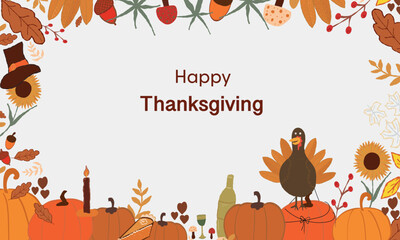 Happy Thanksgiving hanging turkey, pumpkins and leaves greeting card banner design