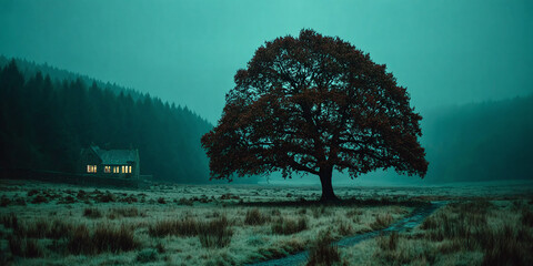 Misty Morning Landscape with Lone Tree and Cozy Cabin in the Distance