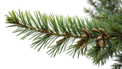 Close up of a vibrant green spruce tree branch featuring small developing pine cones against a transparent background