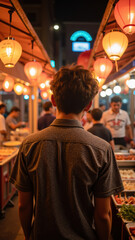 Fototapeta premium Exploring vibrant market atmosphere with glowing lanterns and bustling crowds creates lively scene