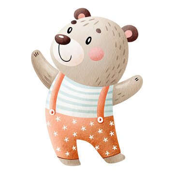 Cute circus bear performer in patterned overalls and striped top illustrated in soft watercolor style for whimsical animal circus themes