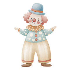 Cute circus clown in pastel vintage costume with oversized pants and hat whimsical character illustration