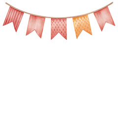Obraz premium Watercolor circus bunting banner with red and orange patterned flags for festive carnival decoration