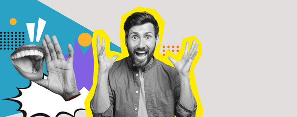 A colorful collage features a man with an enthusiastic expression, showcasing engaging hand gestures. The background includes bold patterns and bright colors, enhancing the lively mood.