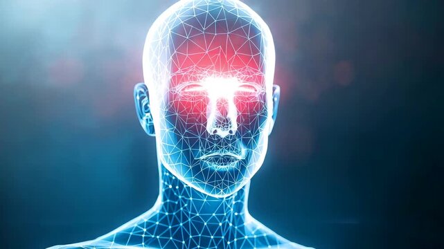 Digital human head featuring glowing red brain activity with intricate blue neural pattern background in a futuristic scientific concept