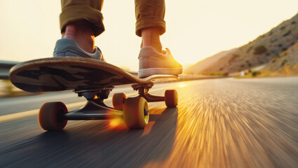 Low angle view of a person riding a skateboard on an empty road at golden sunset with warm light, motion blur, asphalt texture, dynamic speed feeling, freedom and active lifestyle concept