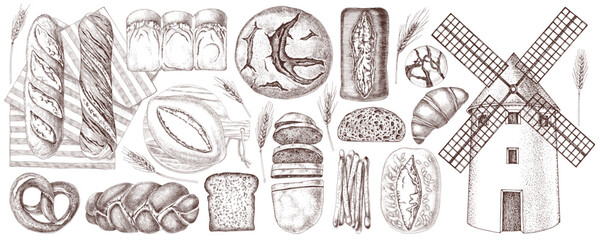 Bread assortment hand drawn vector set