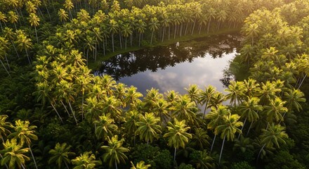 Aerial view of vibrant palm trees surrounding a tranquil lake reflects a sky on a tropical island.