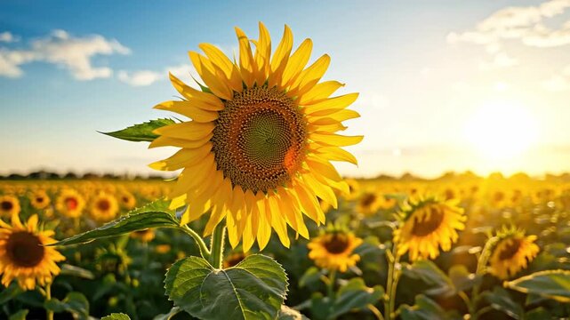 Golden sunflower field at sunrise or sunset with bright glowing sun and blue sky