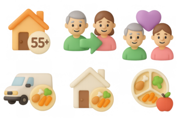 Senior living and healthy lifestyle cartoon icon set for design