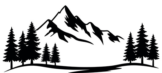 Black Silhouette Mountains and Fir Trees Camping Adventure Panorama Vector
