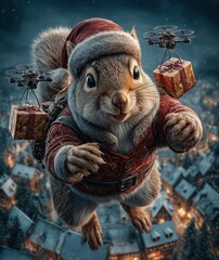 squirrel dressed as Santa controlling small drones carrying gift boxes over a snowy village,