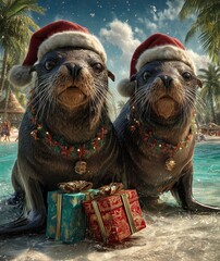 sea lions wearing Santa hats delivering gifts on a sunny winter beach with decorated palm trees, ocean sparkles santa xmas fun animal illustration