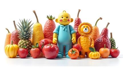 Collection of colorful fruit toys and figures isolated on white