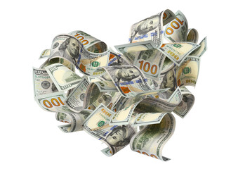 Flying hundred dollar bills swirling in a heart shape, isolated on transparent cutout background