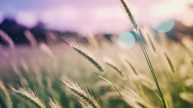 Close-up of golden wheat field swaying in the wind at sunset with beautiful bokeh.