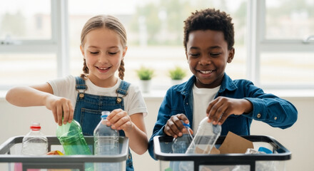 Happy diverse children putting plastic bottles into recycling bins. Boy and girl sorting waste indoors. Ecology and sustainability concept