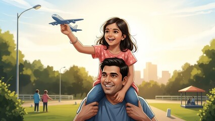 Indian father and daughter in casual wear enjoying playtime outside. Playful daughter, sitting on dad's shoulders, holding a toy plane in the park.