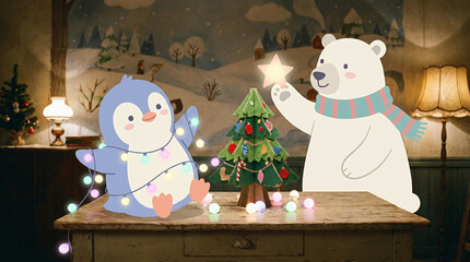 A cozy holiday scene of a cheerful penguin and polar bear decorating a tiny Christmas tree together.