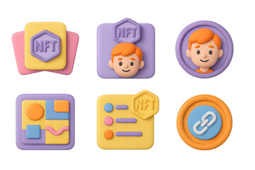 Cartoon nft icon set featuring fun characters and simple designs for digital art use
