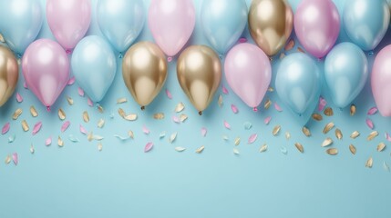 Bright pastel and golden balloons with confetti on blue background, perfect for birthday and party invitations.