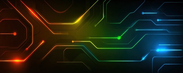 A vibrant abstract design featuring colorful lines and nodes on a dark background, evoking a sense of technology and digital connectivity.