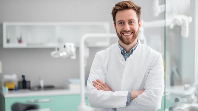 potrait Young male happy dentist at his office
