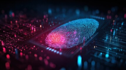 A vibrant digital fingerprint surrounded by glowing circuitry, symbolizing technology, security, and identity verification in a modern context.
