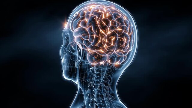 Human head showing glowing brain activity, representing thinking, creativity, artificial intelligence, learning, memory, innovation, and neurological functions mental diseases ai psychology