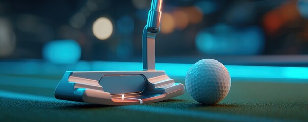 A close-up of a golf club and ball, illuminated by a soft blue light, showcasing the precision and artistry of golfing equipment.