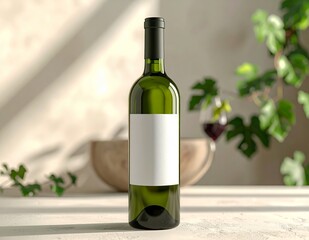 Elegant Green Wine Bottle with Blank Label on a Sunny Countertop.