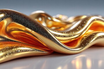 Naklejka premium Golden Fluid Elegance: Close-up of molten golden material, symbolizing wealth, luxury, and artistic expression. Fluid swirls create a dynamic and mesmerizing display, with shimmering surfaces.