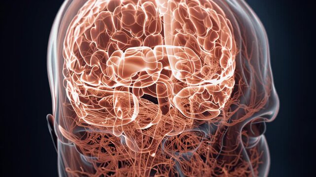 Human brain and nervous system visible inside a transparent head, illustrating neural pathways, intelligence, medical anatomy, complex thinking, and scientific research mental diseases ai psychology