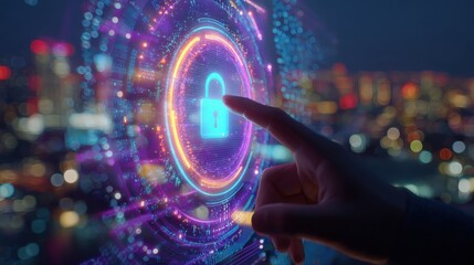 A digital interface displays a glowing padlock icon, symbolizing cybersecurity and data protection, while a hand interacts with the holographic technology.
