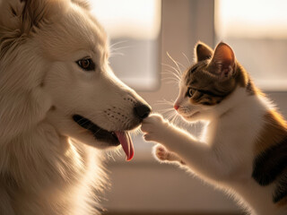 夕暮れの光の中で白い大型犬の鼻に優しくタッチする子猫