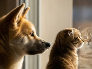 飼い主の帰りを静かに待つ犬と猫の仲良しな横顔