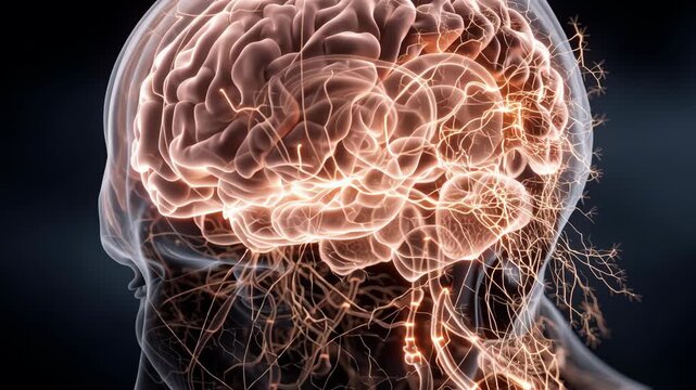 Human neurological system displaying an active brain with electric signals flowing through a complex network of nerves, medical science, thought, and mental health mental diseases ai psychology