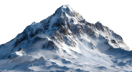 Towering snow-covered mountain peak dominating a vast and frosty winter landscape under a clear sky