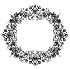 Black floral wreath with swirling patterns and flowers on white background