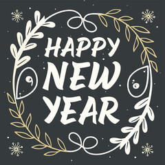 Vintage ornate happy new year graphic with festive elements