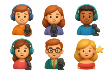 Cartoon podcast icons with diverse characters using microphones for multimedia design