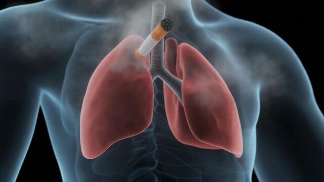 Animation of a cigarette being smoked and smoke entering human lungs and trachea representing smoking damage and health risks