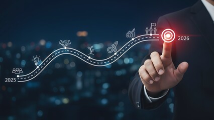 Visionary's Touch: A composed professional in a smart suit, his finger poised to mark a future achievement on a digital journey, a symbol of strategic planning.