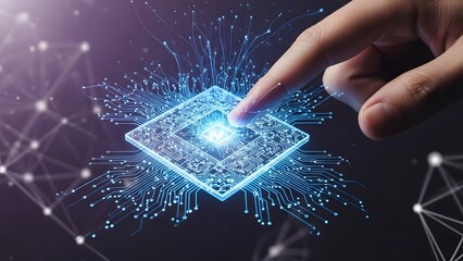 Human touch on a glowing microchip surrounded by digital connections and geometric patterns