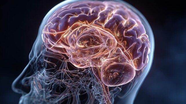 Human brain with glowing neural activity inside a translucent head showing intelligence, thoughts, neuroscience, and mental processes mental diseases ai psychology