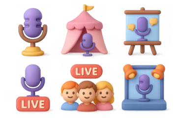 Podcast icon collection featuring microphones and live recording elements for creative design