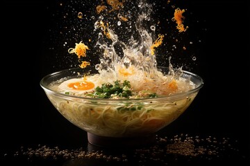 Floating ingredients create an artful display of ramen soup components