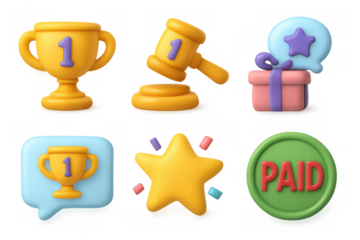 Cartoon icon set featuring trophies, gift box, star, and paid button for design and illustration
