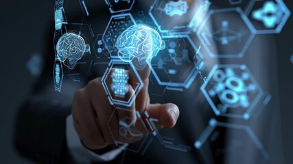 Business person interacting with futuristic ai interface with glowing brain holograms and hexagonal data icons, symbolizing innovation, machine learning, neural networks digital strategy business ai - Powered by Adobe