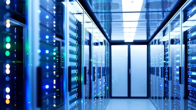 A cool-toned data center corridor, lined with illuminated server racks, glowing lights and a distant exit